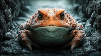 Angry Toad in Crevice: A close-up portrait of an orange toad with intense gaze, perched within a dark crevice. Its warty skin and powerful stance convey a sense of territorial dominance.