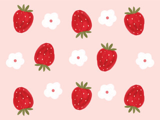 cute strawberry seamless pattern hand drawn with white flowers