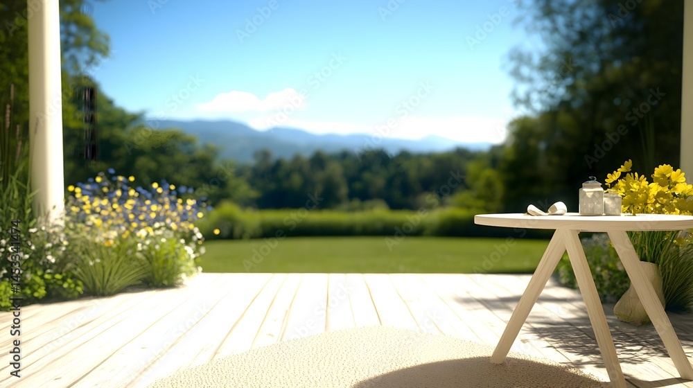 Poster deck scene with small table flowers and distant mountain view
