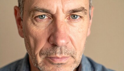 Obraz premium グレージュのシンプルな背景の中で、ヨーロッパ系中年男性が鋭い目つきでスクリーンを見つめるシーン