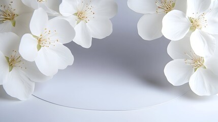 Delicate white blossoms frame a circular, pale grey backdrop