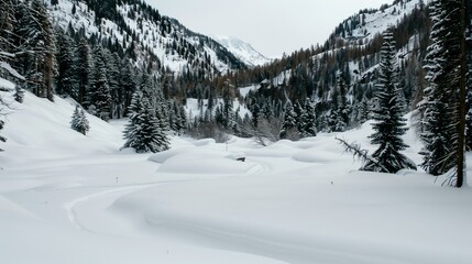 Snowy mountain valley, winter wonderland