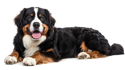 Happy Bernese Mountain Dog Laying on White Background with Smile