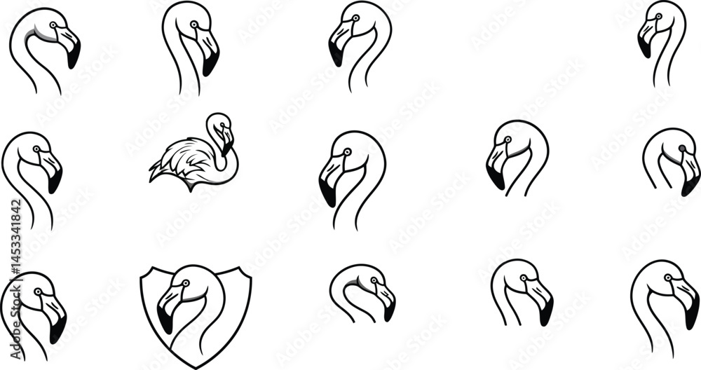 Poster flamingo head icon set with different styles and circular frames for graphic design and branding use