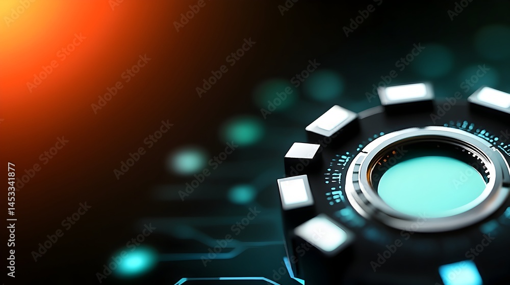 Poster futuristic metallic gear with teal central core resting on a circuit board backdrop the background i
