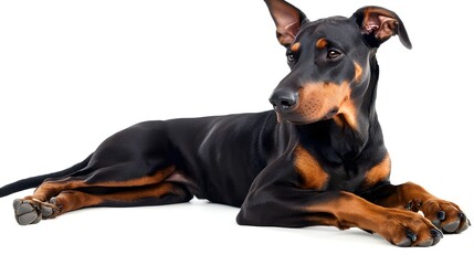 Fototapeta premium Elegant and Loyal Doberman Pinscher Dog Lying on White Background