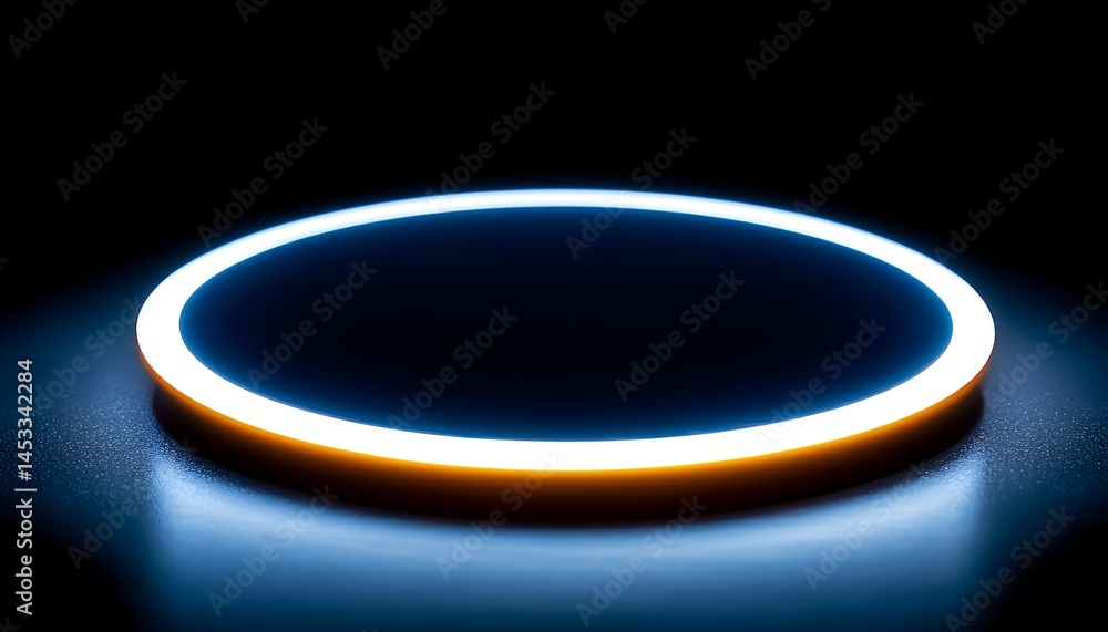Aufkleber illuminated circular object with bright neon edge dark background