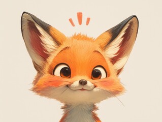Obraz premium Cartoon fox's face, bright orange fur, black ears, cheerful expression