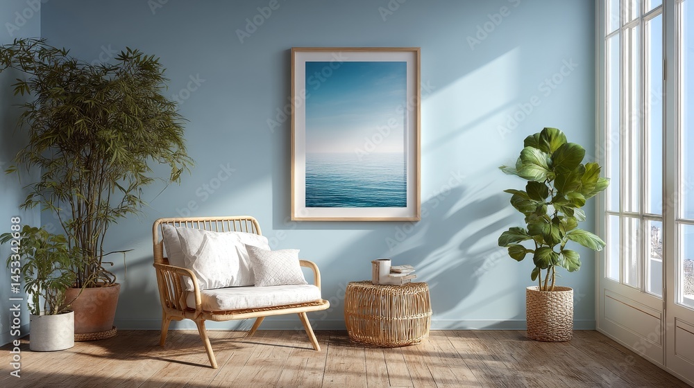 Poster vertical rectangular light-colored picture frame mockup with minimalist design placed in a modern bl