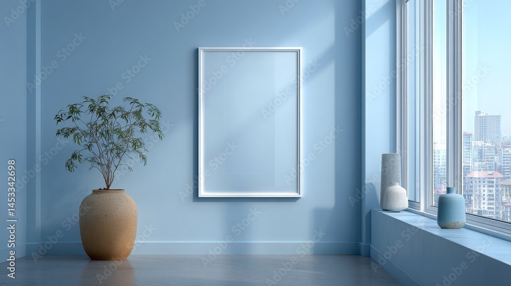 Poster vertical rectangular light-colored picture frame mockup with minimalist design placed in a modern bl