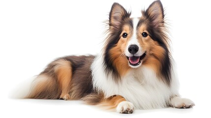 Smiling Shetland Sheepdog Lying on White Background in Studio