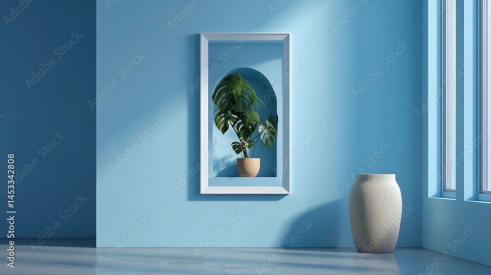 Poster vertical rectangular light-colored picture frame mockup with minimalist design placed in a modern bl