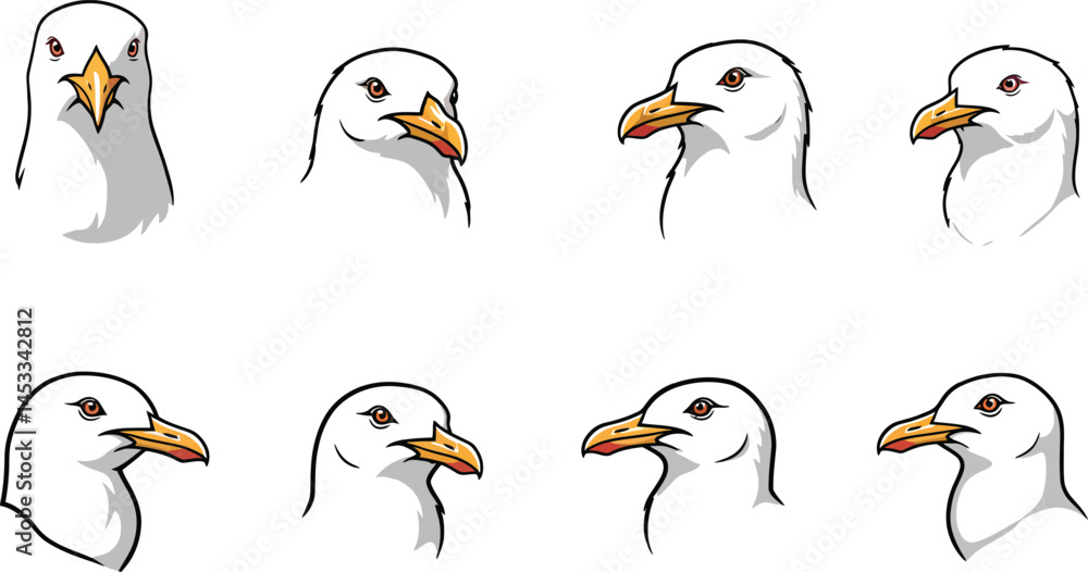 Aufkleber seagull head vector illustration set with white feathers and orange beak in different angles and exp