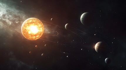 Naklejka premium Solar System with Dwarf Planets: The solar system including dwarf planets like Pluto and Eris, with their distant orbits captured in the scene. 