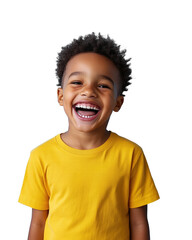 Happy child laughing in a bright yellow shirt