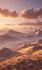 Fototapeta premium Golden sunrise over pastel hills, fluffy clouds, color, sunset, sun