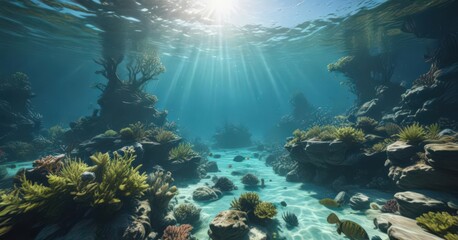 Fototapeta premium Azure waters, dappled sunlight, diverse underwater ecosystem , fish, marine