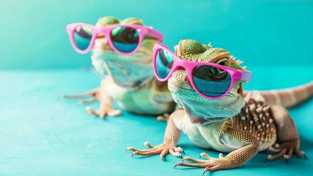 Cool Lizard Duo: Two stylish lizards sport vibrant sunglasses, creating a playful and colorful scene against a vivid backdrop, embodying carefree summer vibes and a touch of quirky charm.