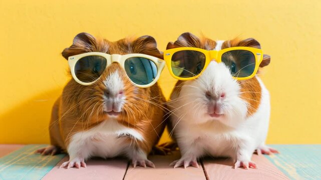 Cool Guinea Pigs: A pair of guinea pigs sporting sunglasses, exuding charm and summer vibes against a backdrop of vibrant yellow.