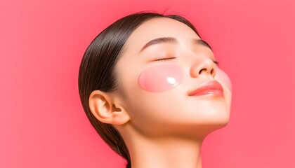 Serene woman with translucent pink face patches on a vibrant pink background, eyes closed, enjoying a beauty treatment