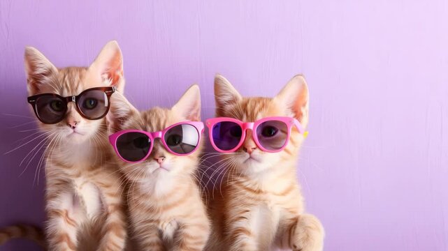 Cool Cats' Squad: Three charming kittens, each sporting stylish sunglasses, exude effortless coolness against a backdrop of soft pastel hues.