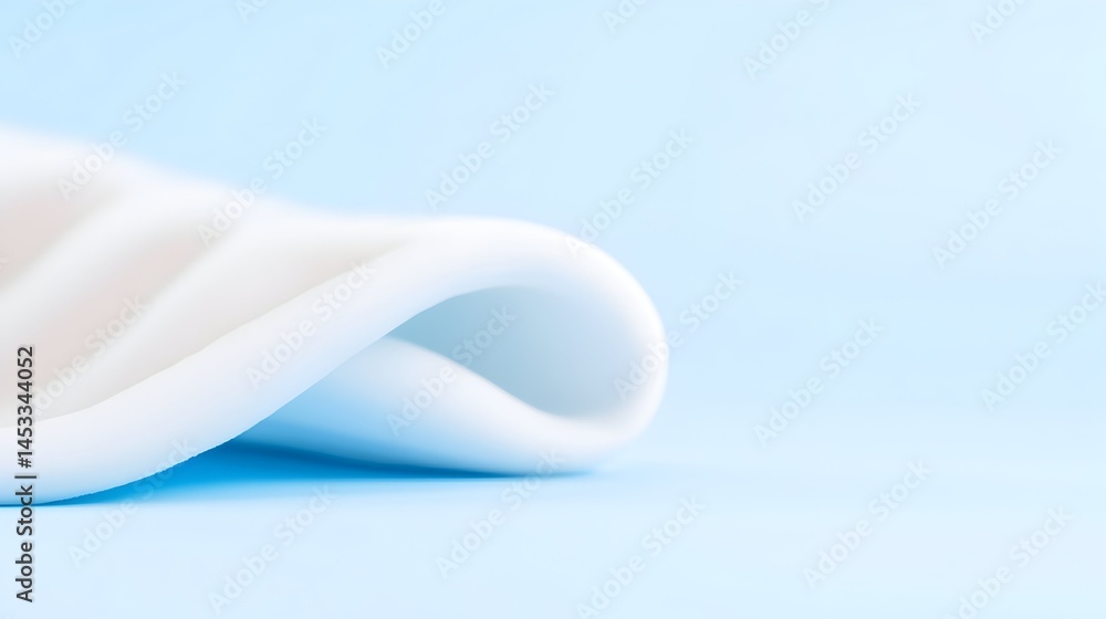 Poster soft white fabric draped elegantly on a light blue background creating a smooth wave-like form