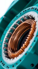 Electric Motor Stator Core with Copper Windings and Turquoise Housing Closeup
