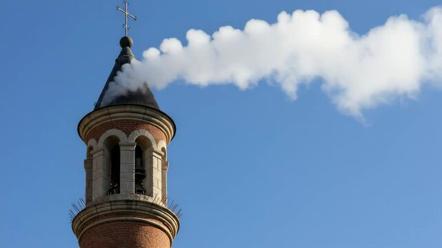 White smoke rises from the chapel chimney, indicating the successful election of a new pope during the papal conclave, smoke from chimney,incense sticks in a temple, 4k video, tower of the church