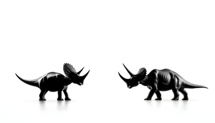 Fototapeta premium Two black triceratops figurines face each other on a white background