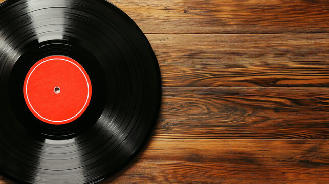 Classic black vinyl record rests on rustic wooden surface, showcasing its vibrant red label. warm tones of wood enhance nostalgic feel of music