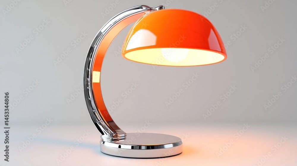 Poster modern orange desk lamp with chrome base and sleek design illuminating a minimalistic workspace