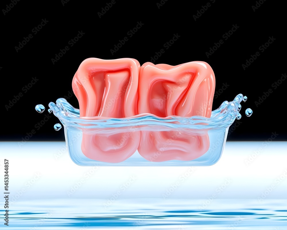 Poster two pink, organic-shaped objects float in water, creating a splash