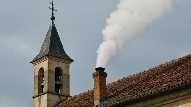 White smoke rises from the chapel chimney, indicating the successful election of a new pope during the papal conclave, incense sticks in a temple, smoke from chimney, old church steeple