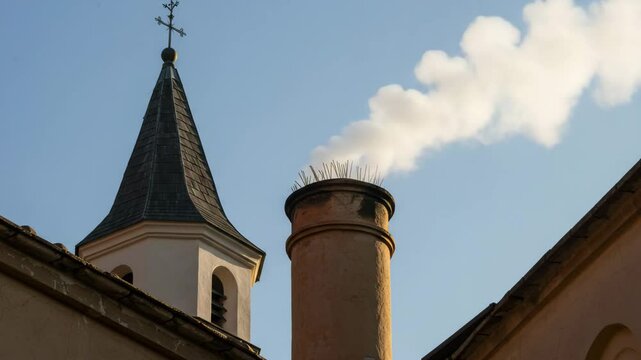 chimney, White smoke rises from the chapel chimney, indicating the successful election of a new pope during the papal conclave, smoke from chimney ,incense sticks in a temple,  tower of the church,4k 