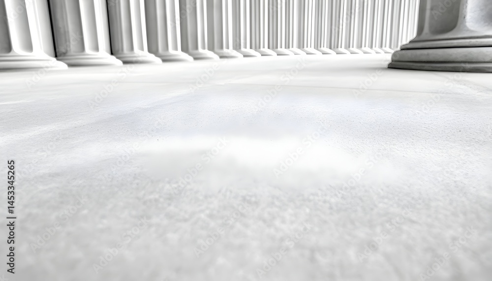 Poster white marble floor with a light dusting of powder, receding rows of classical columns