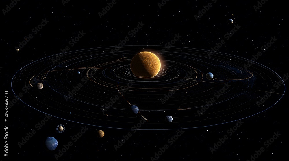 Wall mural solar system from above: a top-down view of the solar system, showing the elliptical orbits of each 