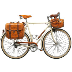 Vintage bicycle with leather saddlebags and accessories for sale online on transparent background