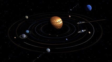 Fototapeta premium Solar System from Above: A top-down view of the solar system, showing the elliptical orbits of each planet around the sun. 