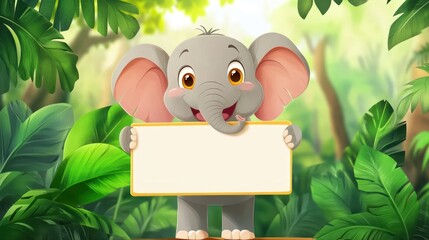 Cute elephant holding blank sign in jungle (20)