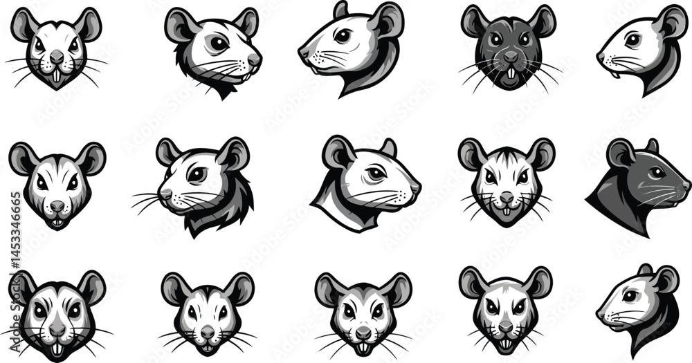 Poster rat heads vector set with detailed black and white illustrations showing various rat angles and expr