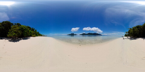 Beautiful sandy beach and blue sea. Malaysia. Mantabuan Islet. 360 panorama VR.