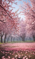 Naklejka premium Falling sakura petals against a soft-focus backdrop of blooming cherry trees , sakura, background, gentle breeze