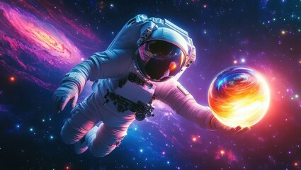 Obraz premium Astronaut Floating in Space Holding Glowing Orb Galaxy Background