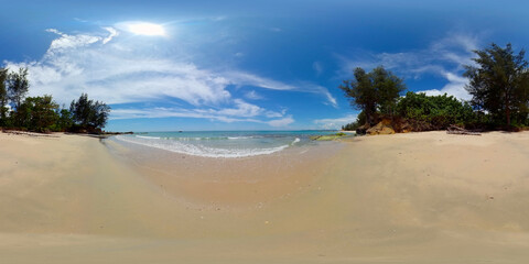 A tropical beach and a blue ocean. Borneo, Malaysia. Tindakon Dazang Beach. 360-Degree view.