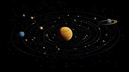 Fototapeta premium Solar System from Above: A top-down view of the solar system, showing the elliptical orbits of each planet around the sun. 