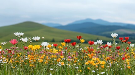 Colorful Wildflower Meadow with Scenic Hills in Background