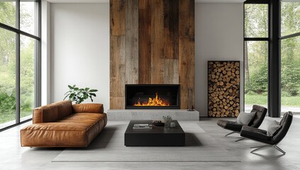 Modern living room interior with fireplace and wooden wall.