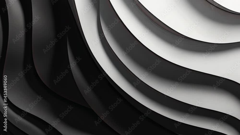 Poster sleek black and white abstract design with flowing curves and waves, showcasing movement and depth t