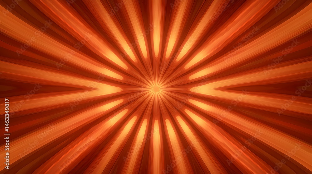 Poster the image contains an abstract design of radiating orange and reddish-orange lines that converge at 
