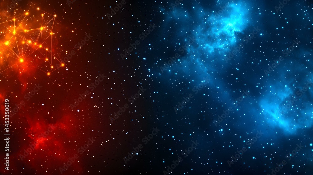 Aufkleber the image shows a split-screen depiction of space, with a red nebula and constellation network on th